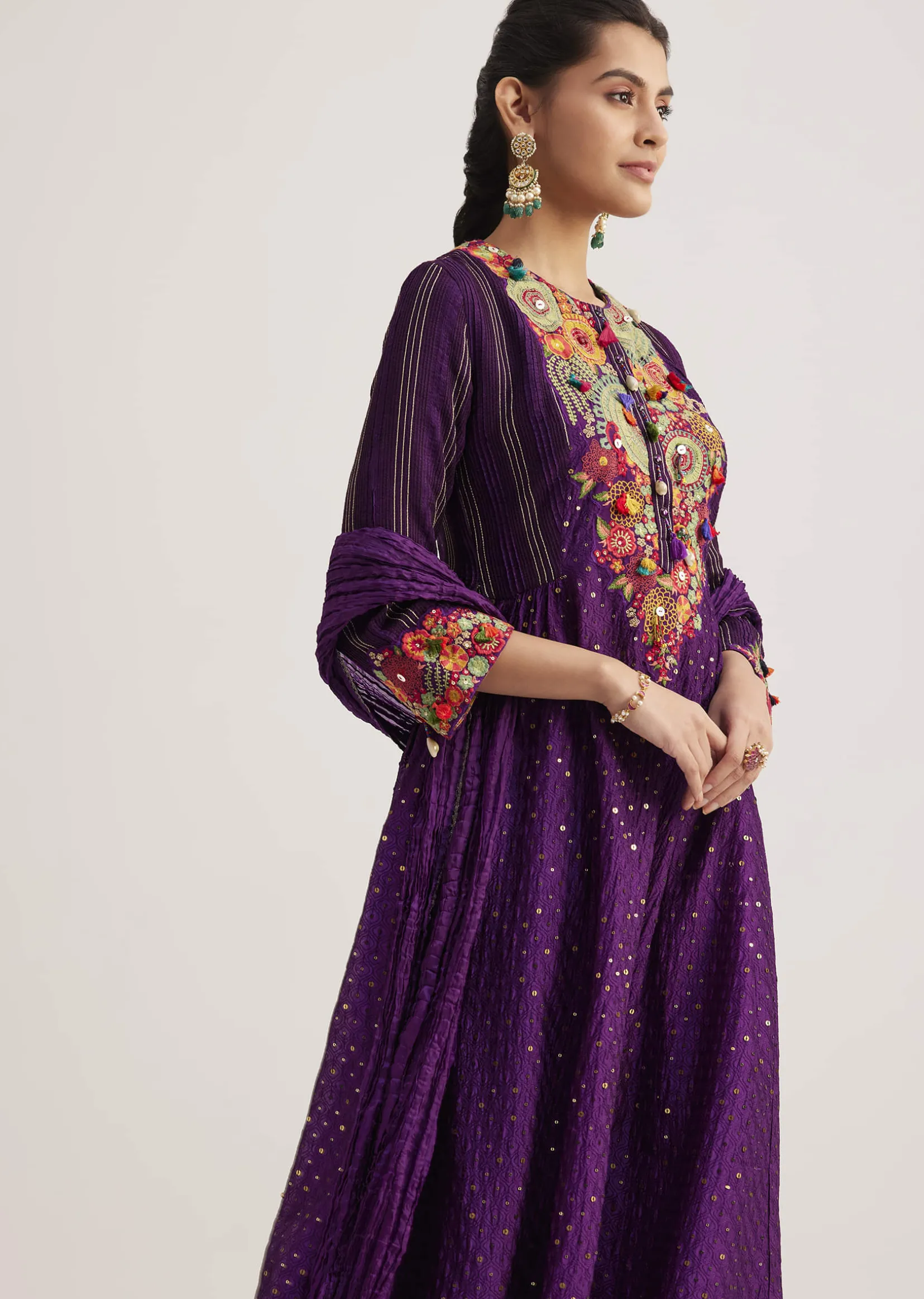 Purple Silk Kurta Set With Resham Embroidery And Dupatta