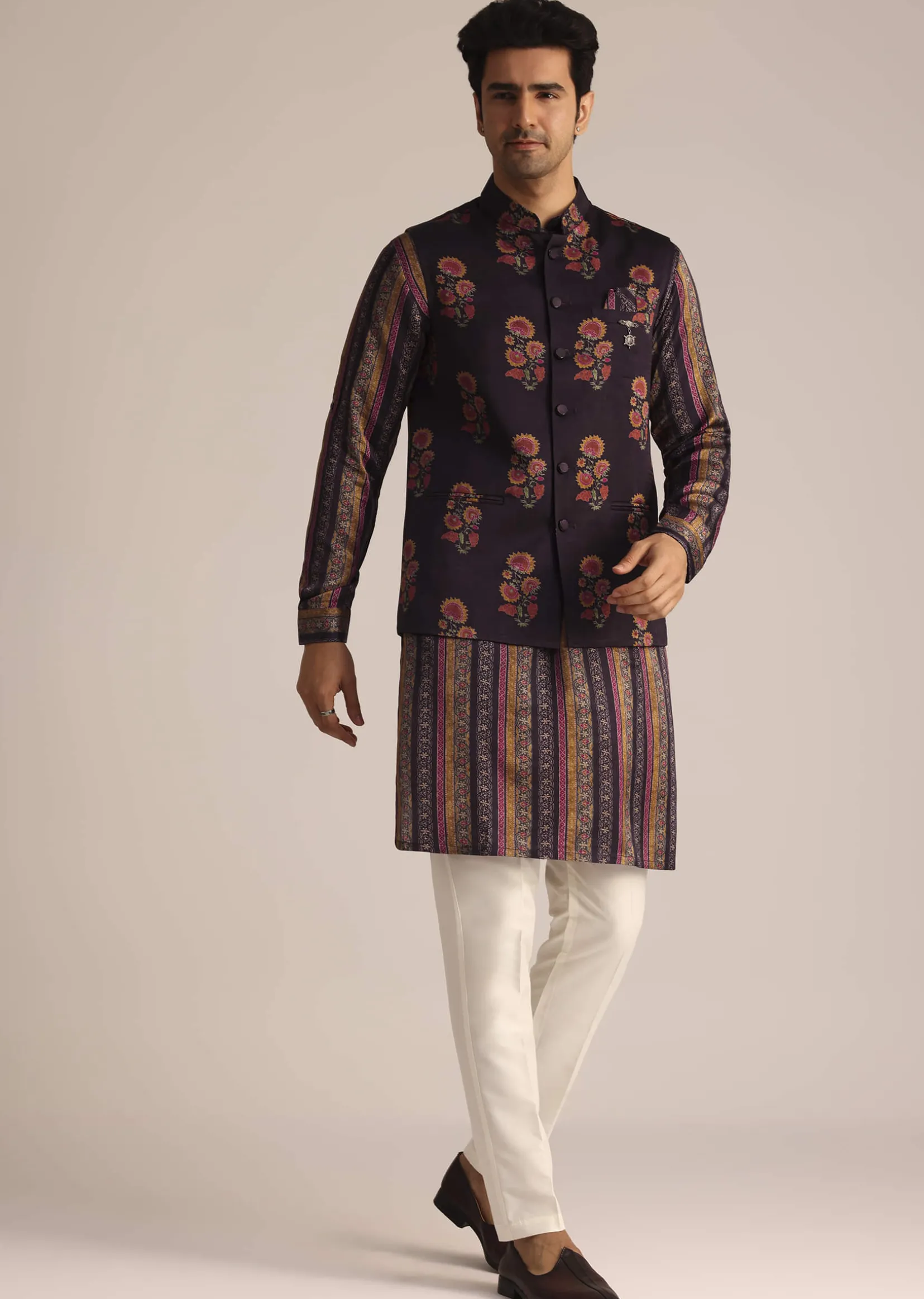 Purple Silk Kurta Set With Floral Print Jacket