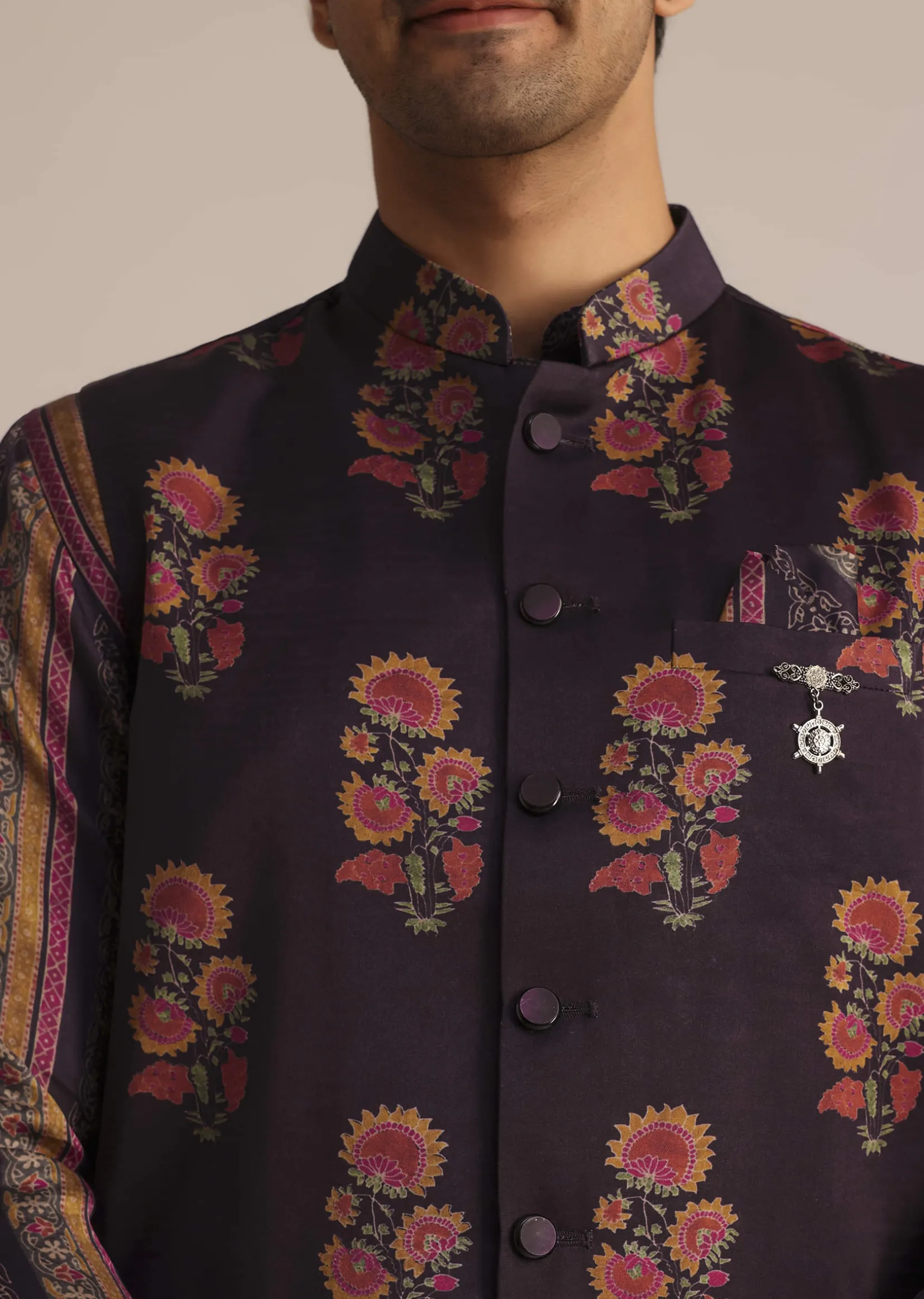 Purple Silk Kurta Set With Floral Print Jacket