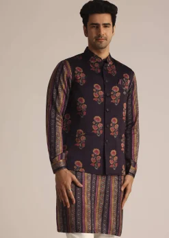 Purple Silk Kurta Set With Floral Print Jacket