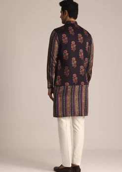 Purple Silk Kurta Set With Floral Print Jacket