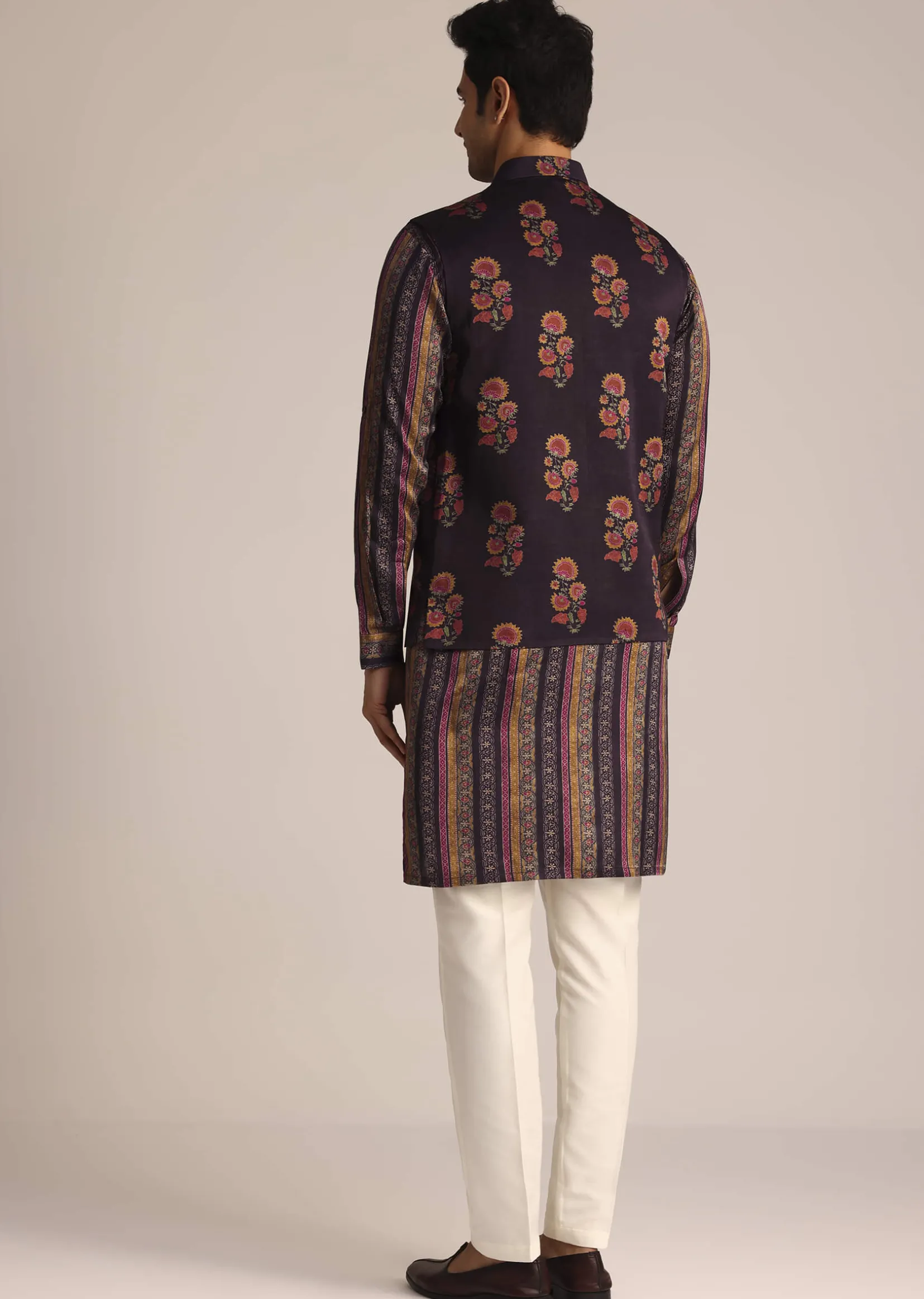 Purple Silk Kurta Set With Floral Print Jacket