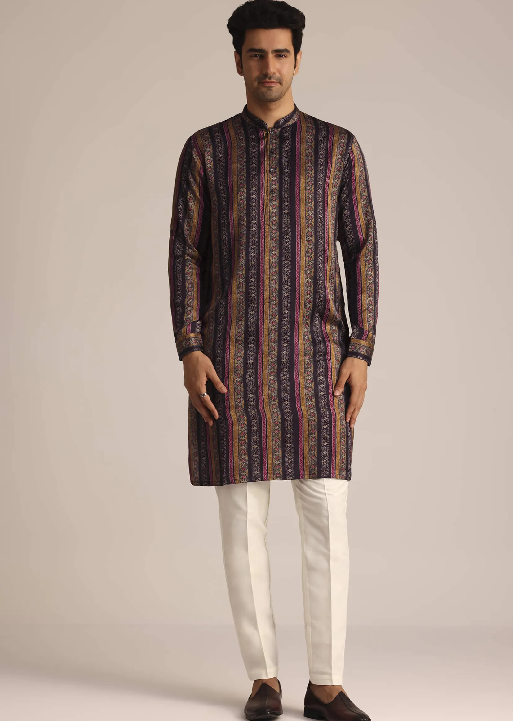 Purple Silk Kurta Set With Floral Print Jacket