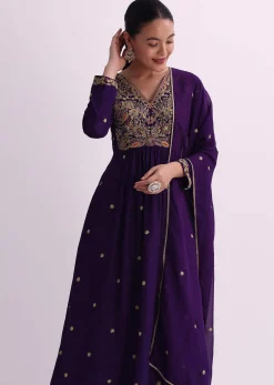 Purple Silk Palazzo Set With Zari Embroidered A-Line Kurta And Dupatta