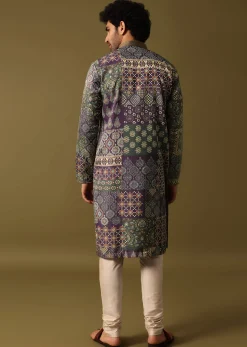 Purple Silk Printed Kurta Pyjama For Men