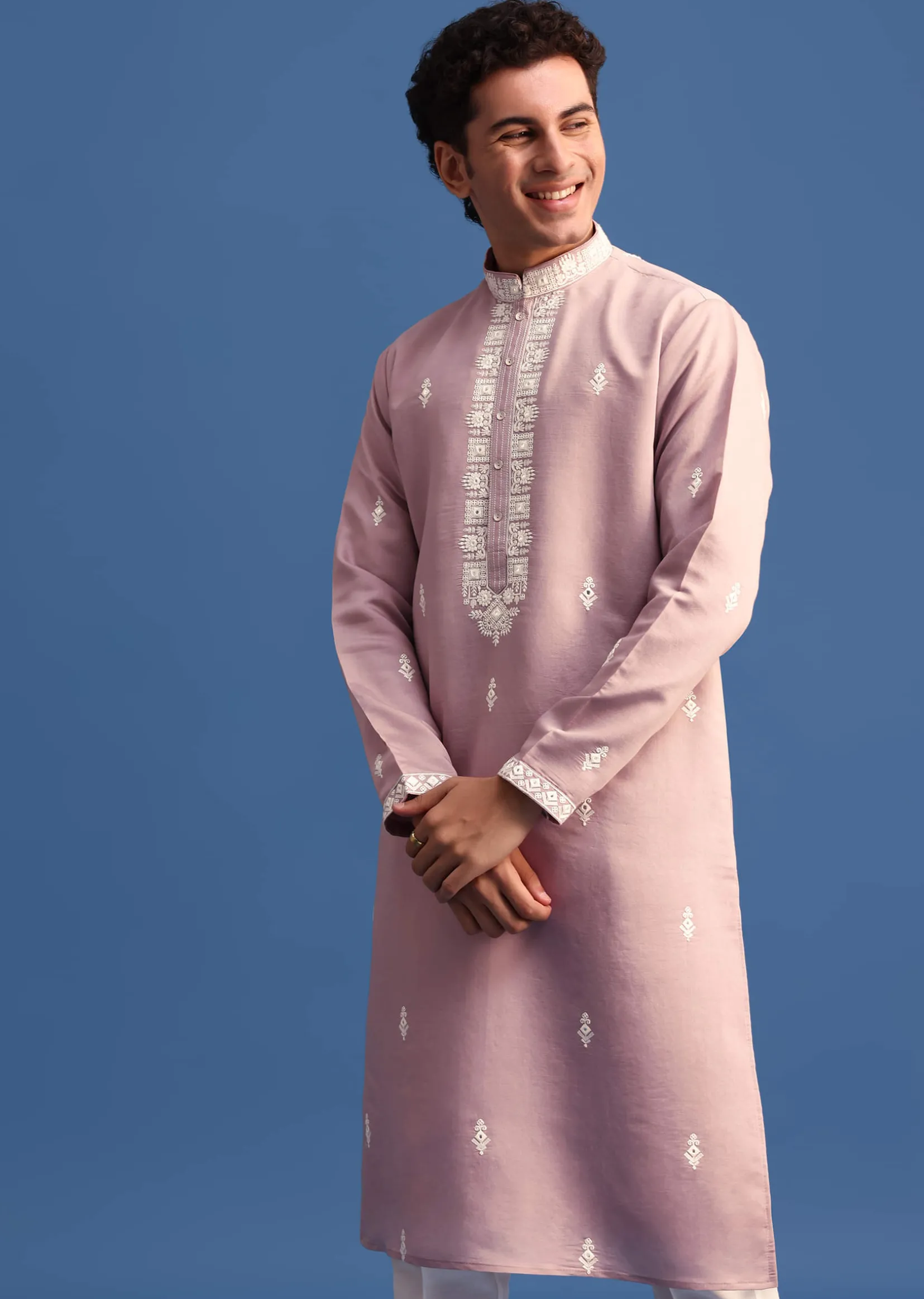 Purple Silk Resham Embroidered Kurta Set