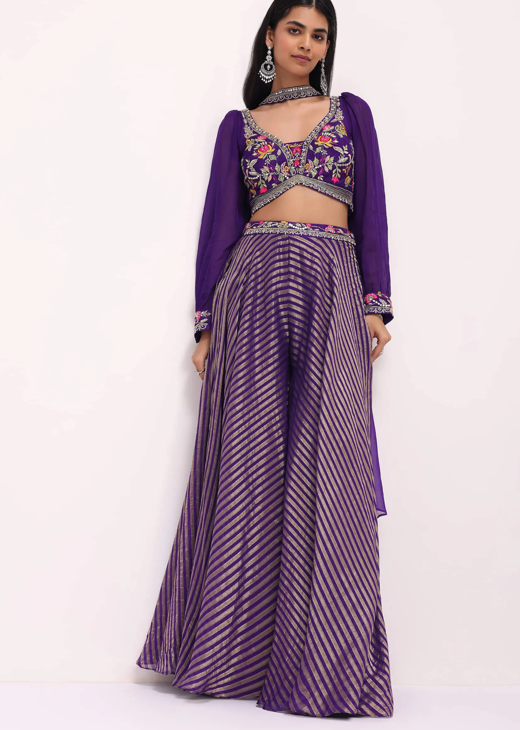 Purple Silk Resham Work Crop Top Set With Palazzo And Dupatta