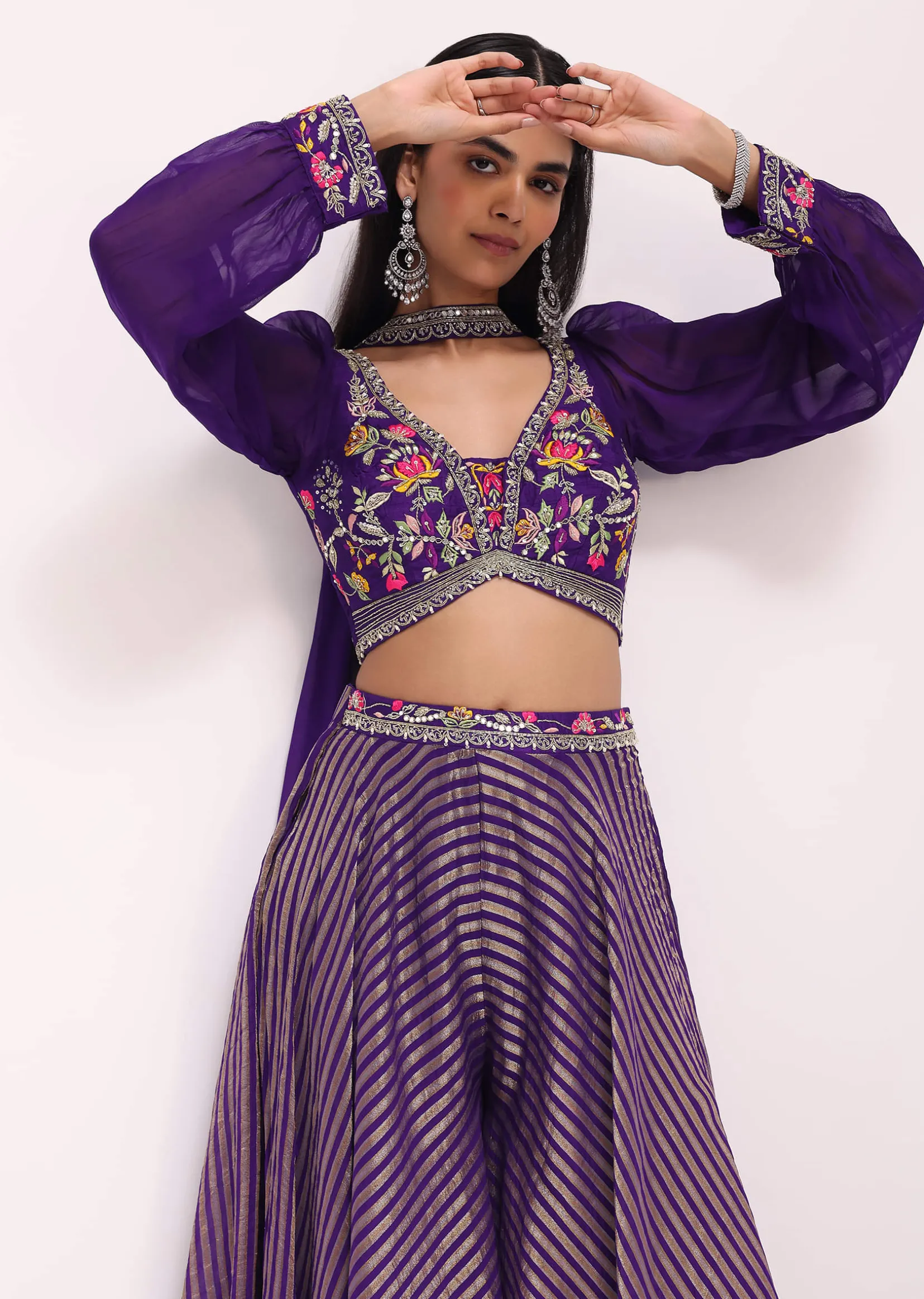 Purple Silk Resham Work Crop Top Set With Palazzo And Dupatta