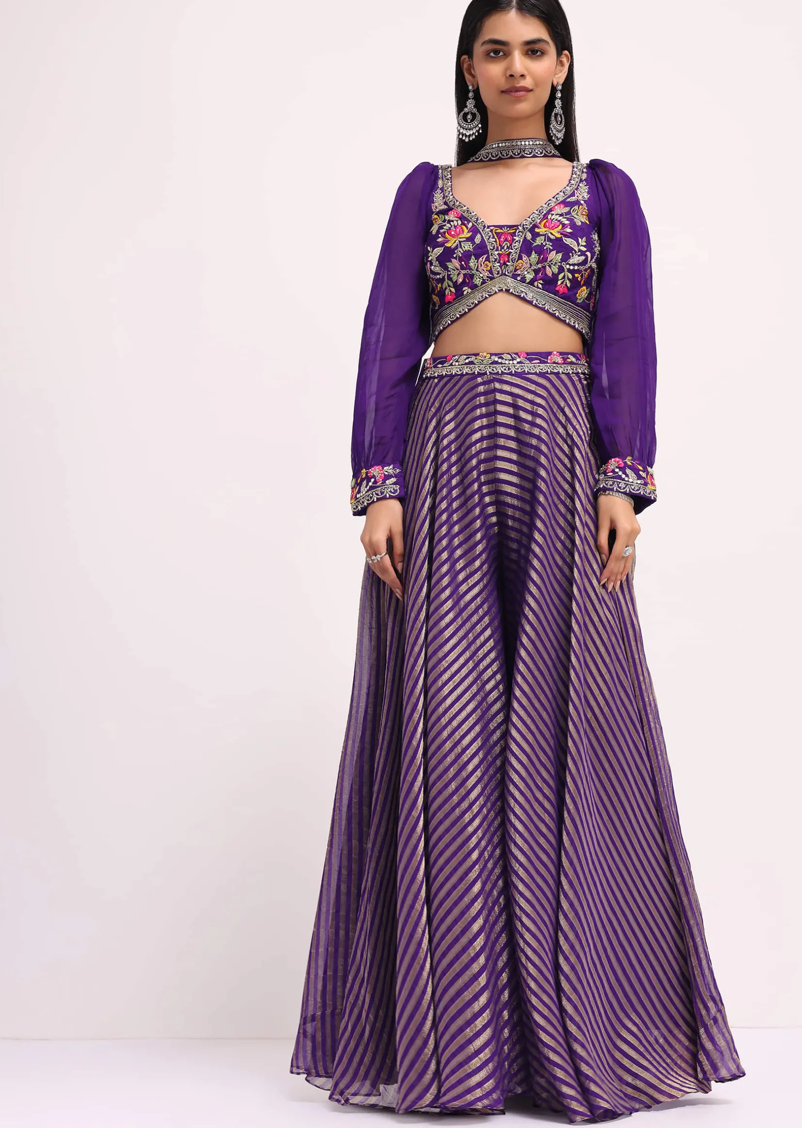 Purple Silk Resham Work Crop Top Set With Palazzo And Dupatta