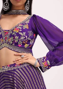 Purple Silk Resham Work Crop Top Set With Palazzo And Dupatta