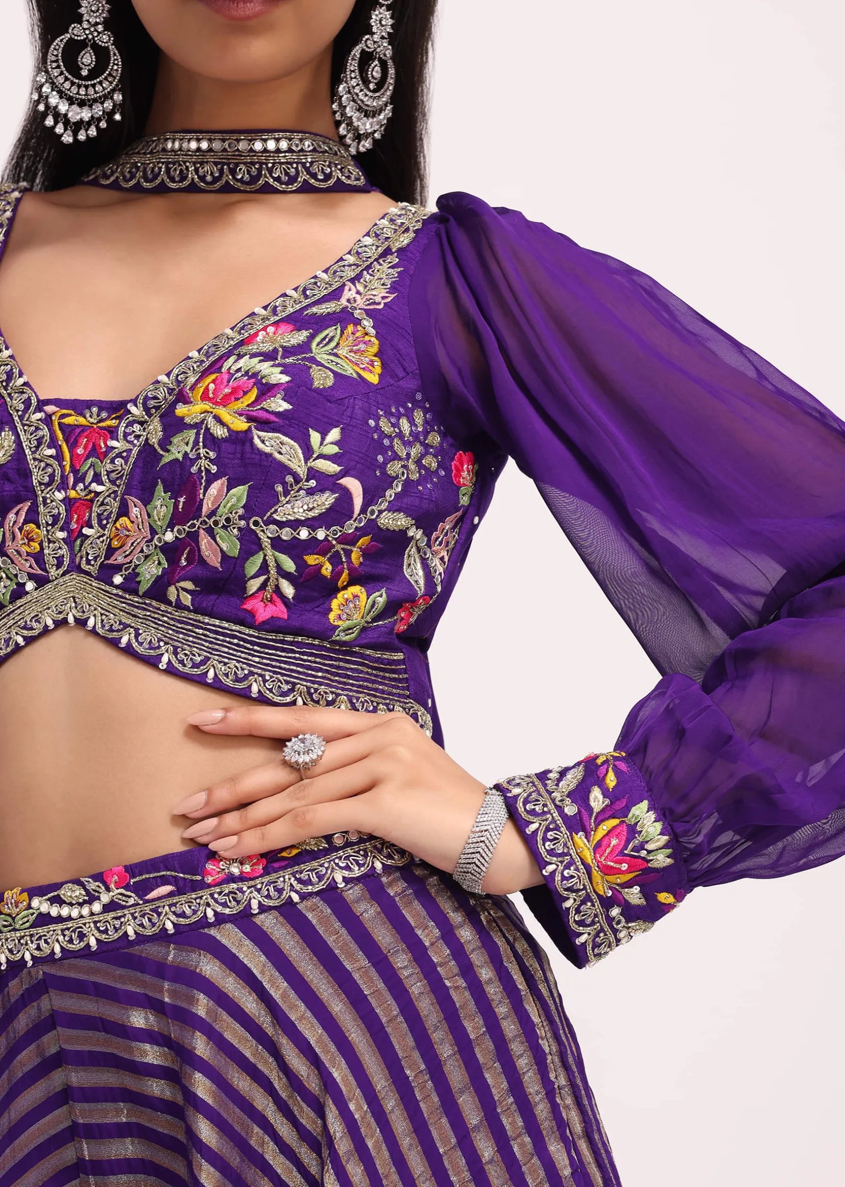Purple Silk Resham Work Crop Top Set With Palazzo And Dupatta