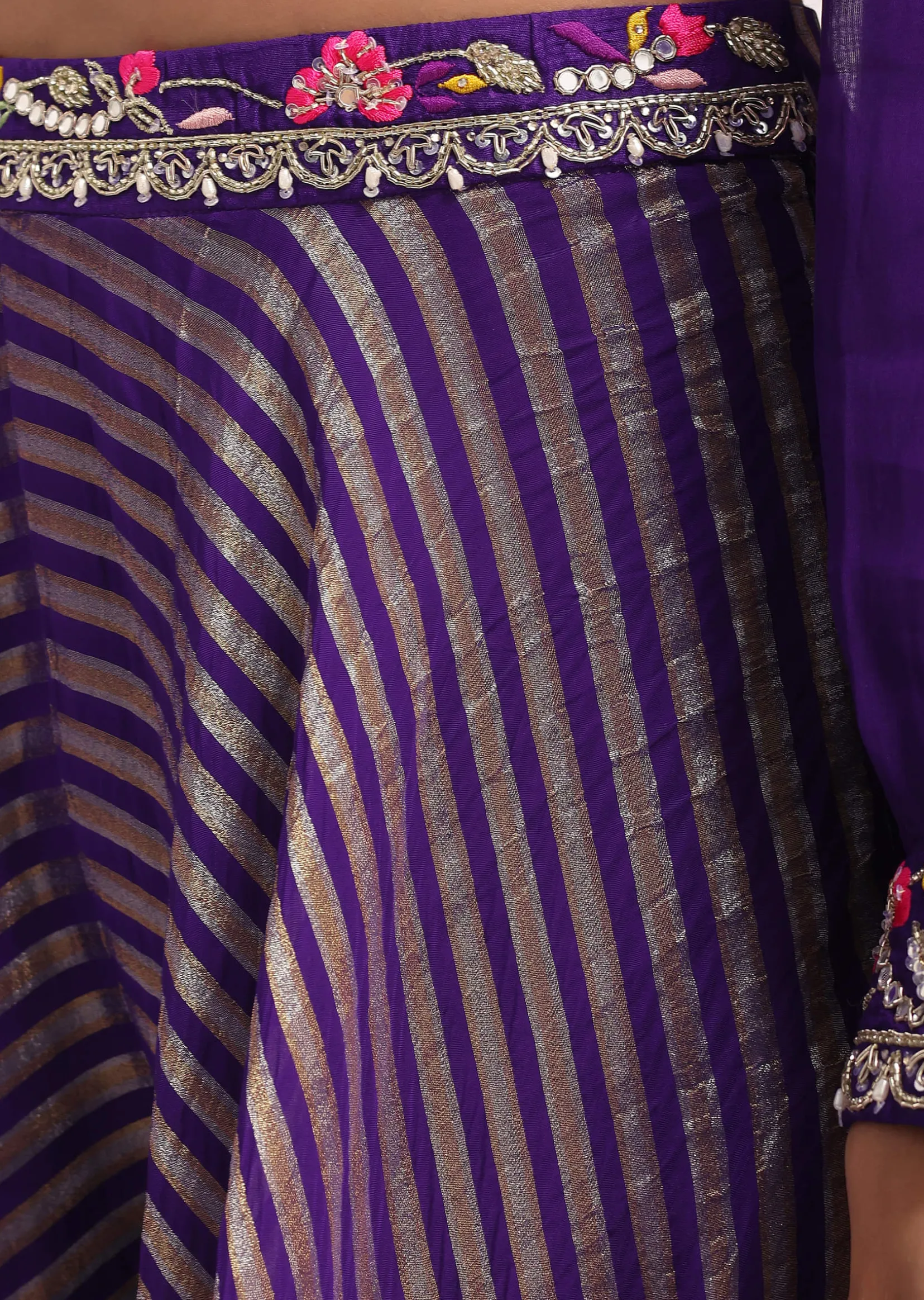 Purple Silk Resham Work Crop Top Set With Palazzo And Dupatta
