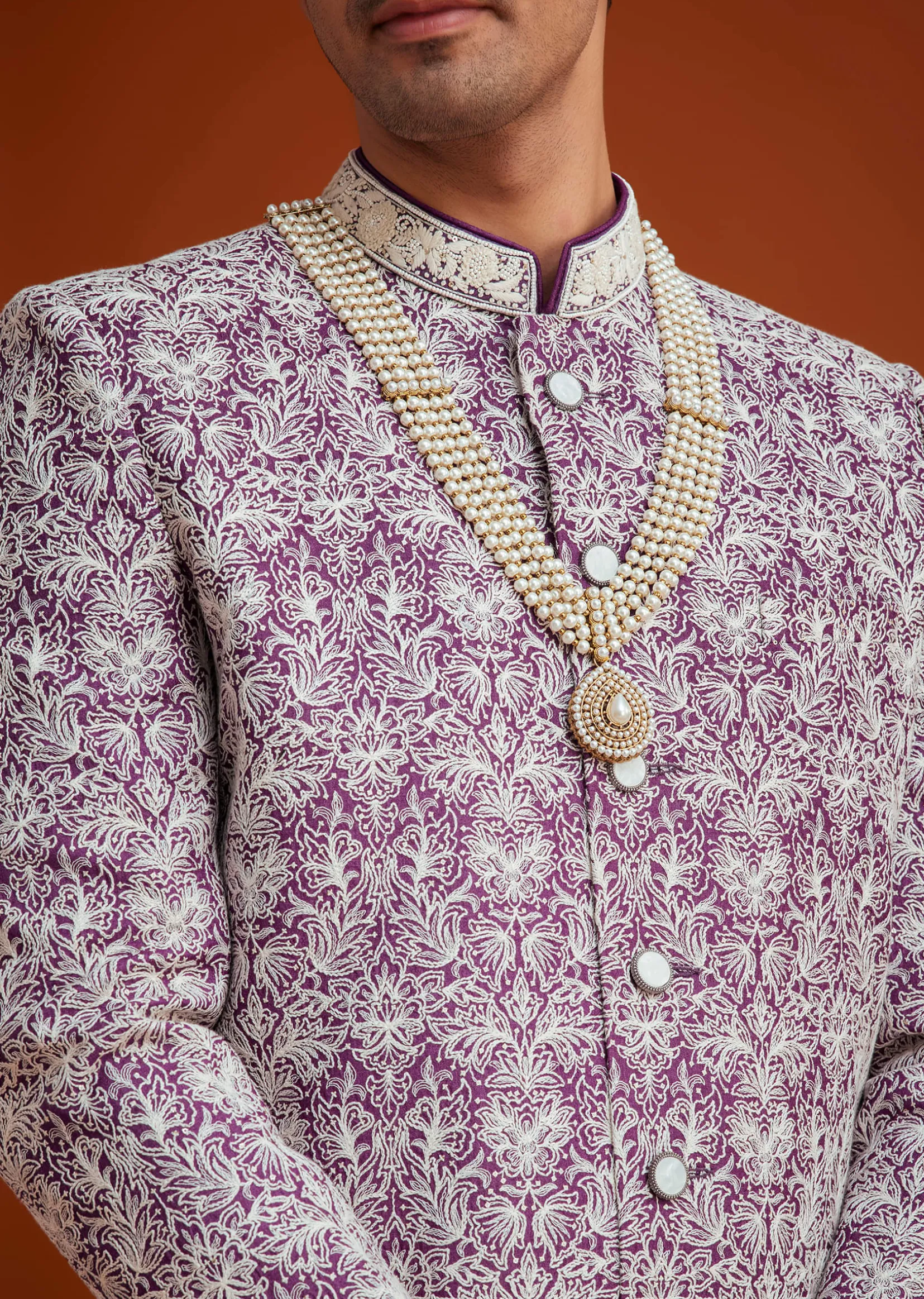 Purple Silk Sherwani Set With Bead Work And Embroidery