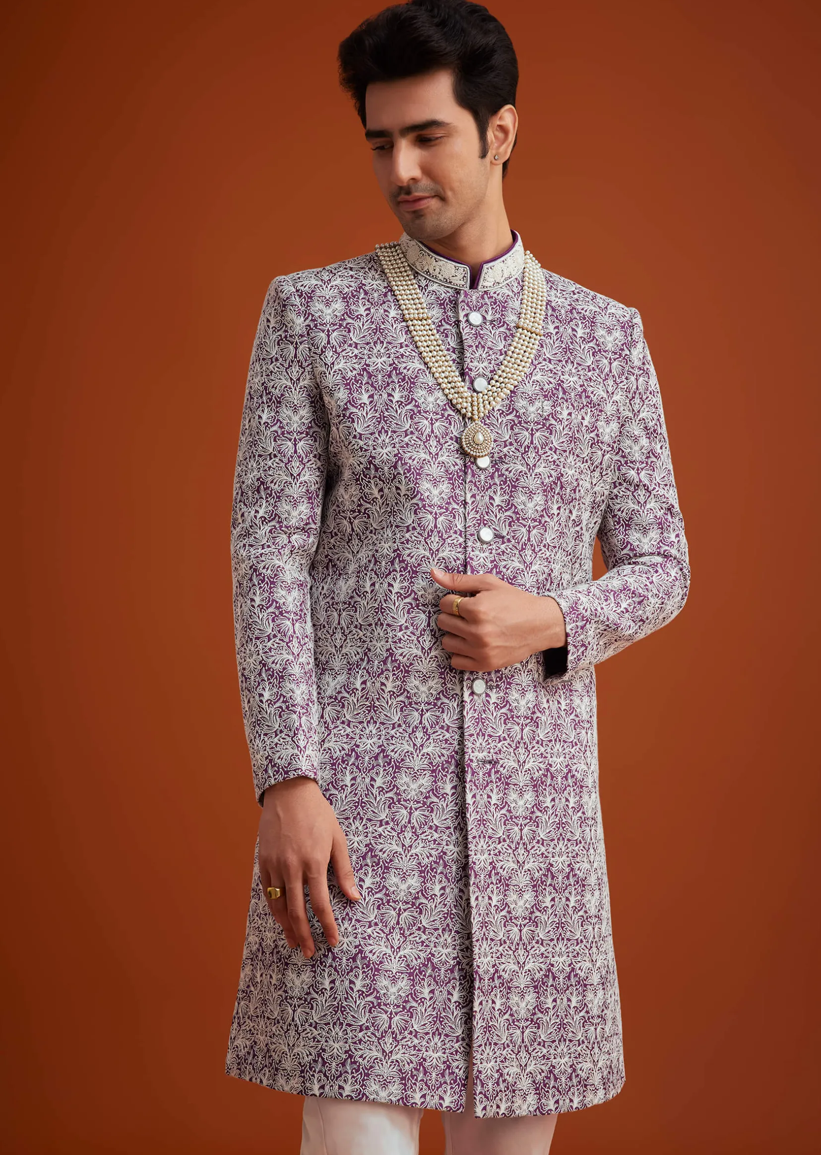 Purple Silk Sherwani Set With Bead Work And Embroidery