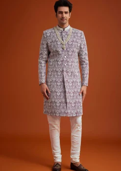 Purple Silk Sherwani Set With Bead Work And Embroidery