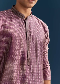 Purple Silk Textured Kurta Set For Men With Embroidery