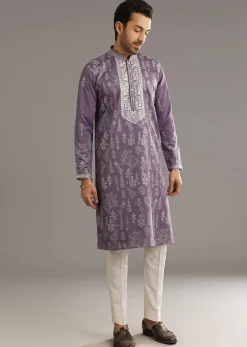 Purple Silk Vine Motif Printed Kurta Set With Thread Work