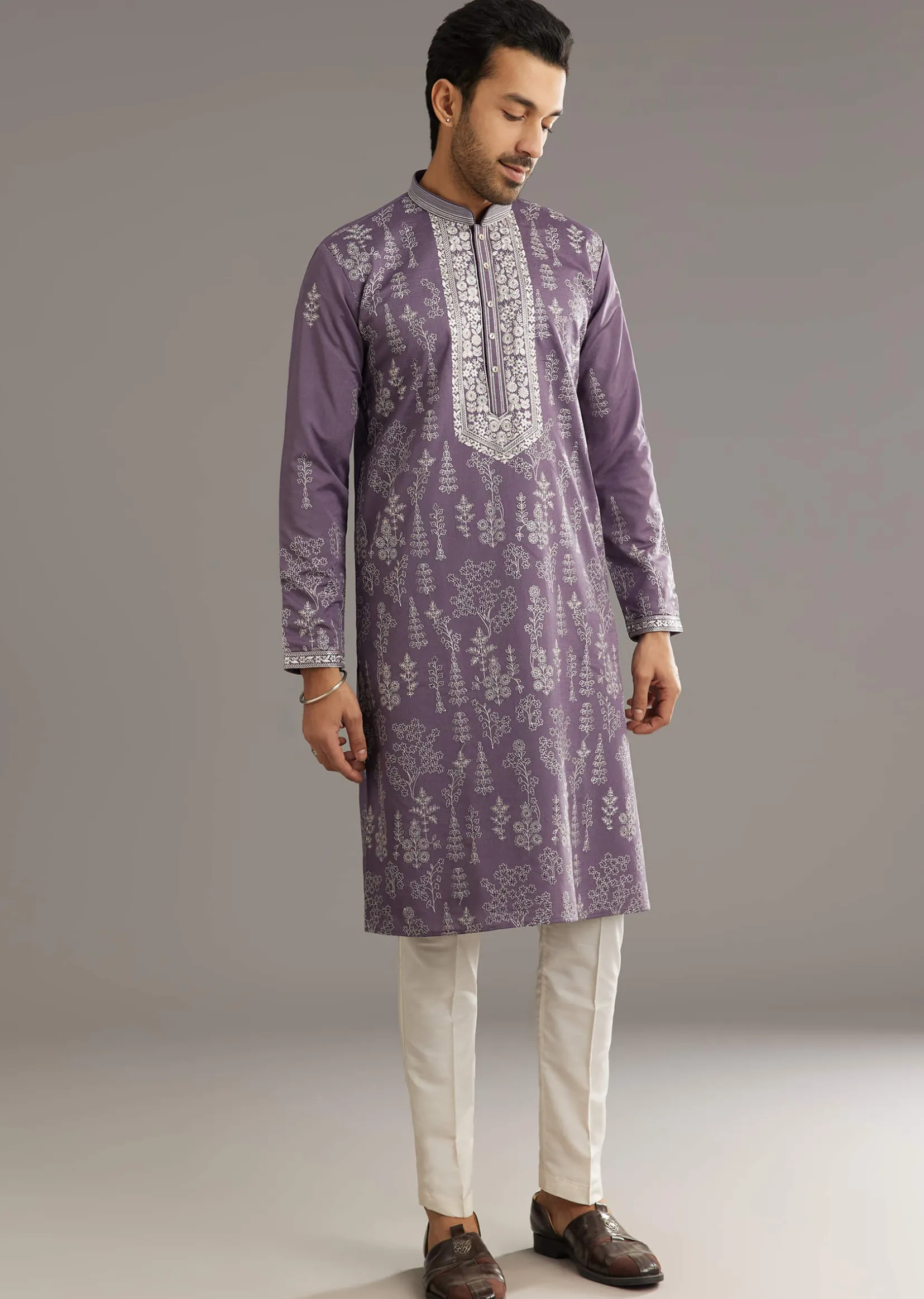 Purple Silk Vine Motif Printed Kurta Set With Thread Work