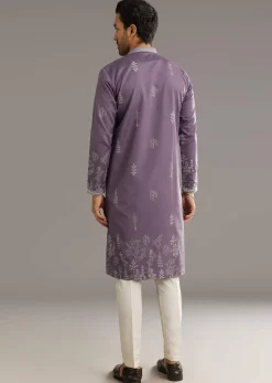Purple Silk Vine Motif Printed Kurta Set With Thread Work