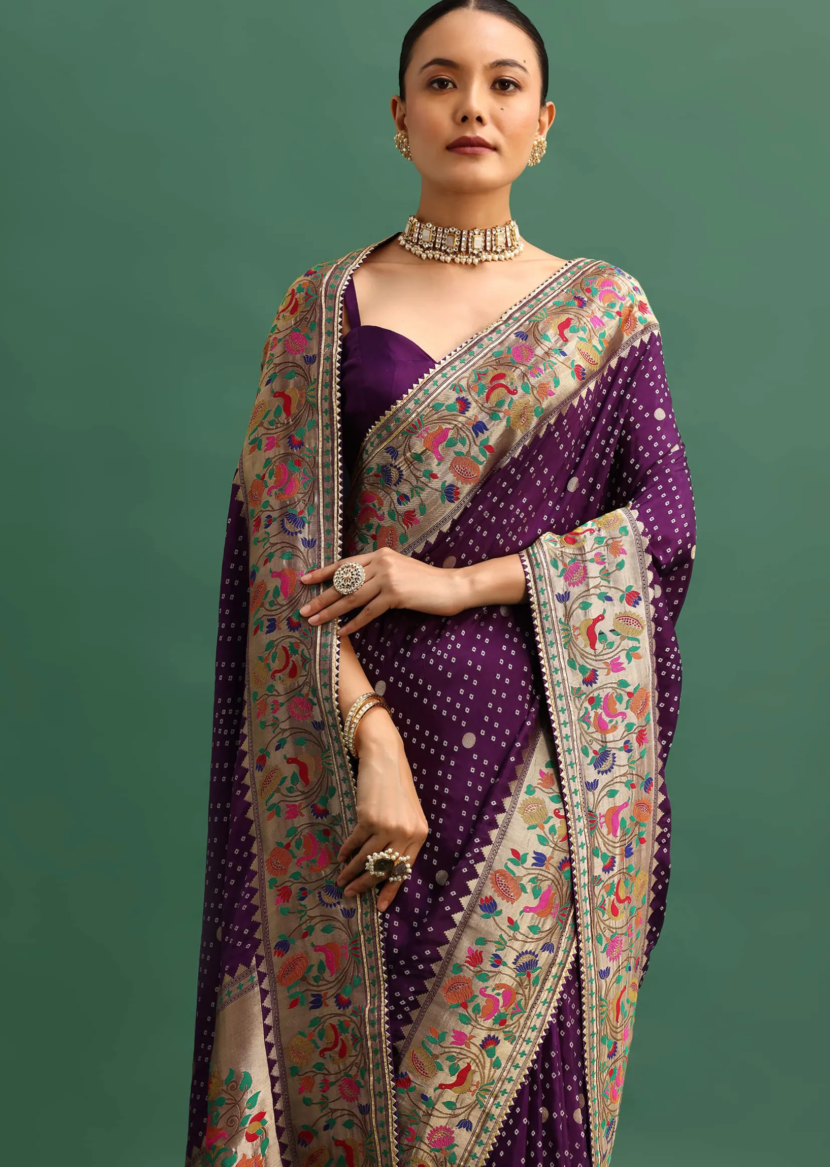 Purple Silk Woven Bandhani Saree With Paithani Border Pallu And Unstitched Blouse