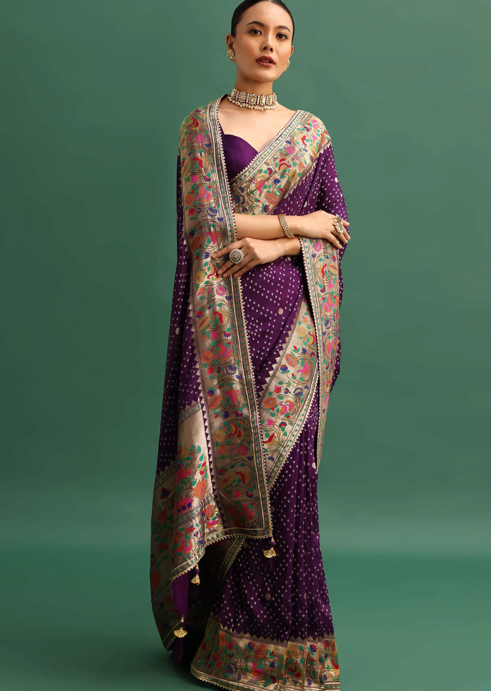 Purple Silk Woven Bandhani Saree With Paithani Border Pallu And Unstitched Blouse