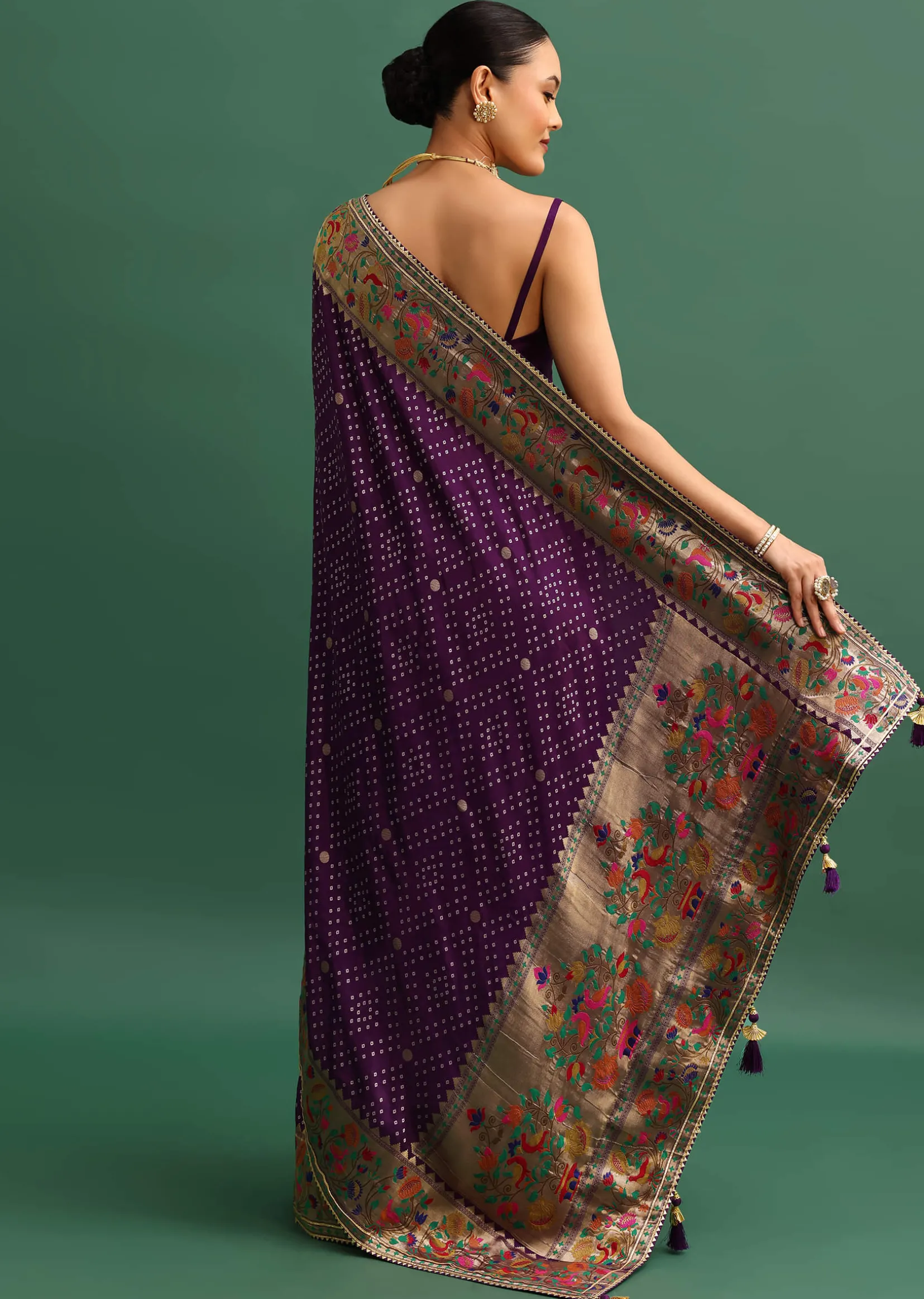 Purple Silk Woven Bandhani Saree With Paithani Border Pallu And Unstitched Blouse