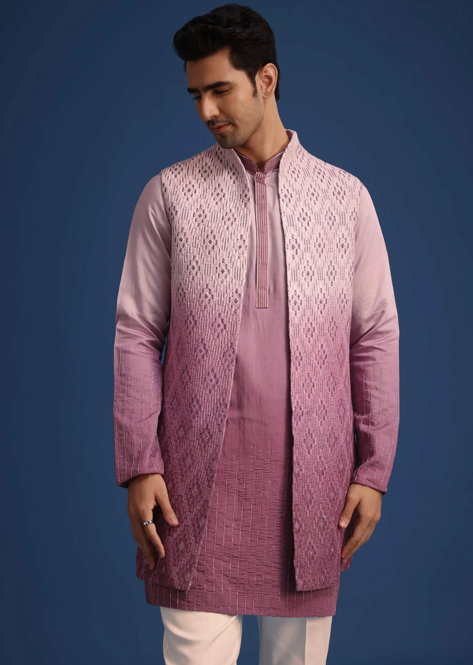 Purple Silk Zardozi Work Jacket And Kurta Set