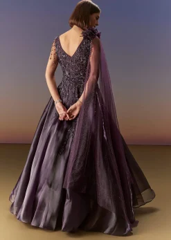 Purple Sleeveless Gown With Floral Shoulder Embroidery And Trail