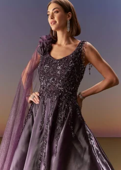 Purple Sleeveless Gown With Floral Shoulder Embroidery And Trail