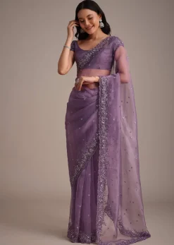 Purple Soft Organza Saree With Cutdana Sequins Embroidery