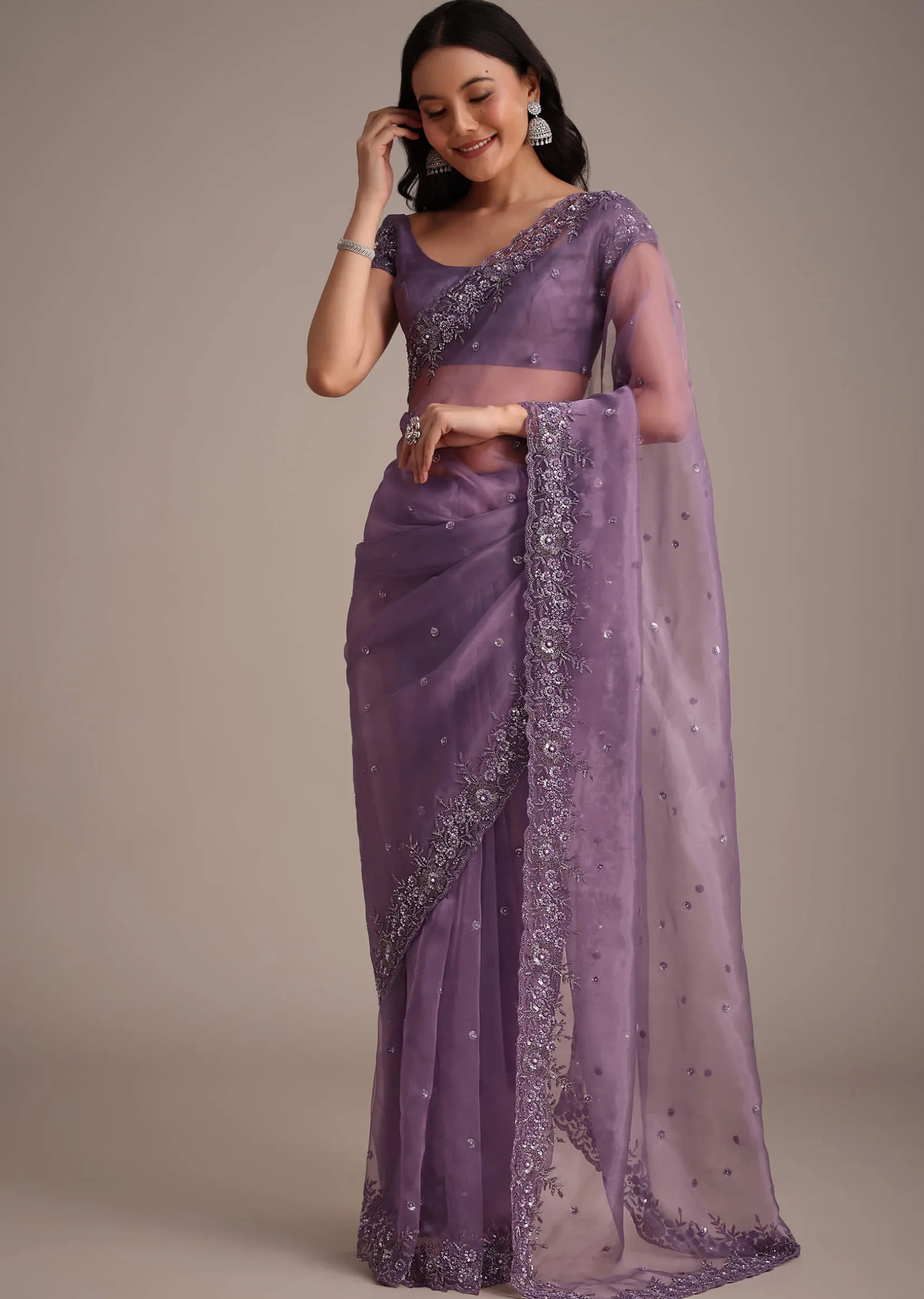 Purple Soft Organza Saree With Cutdana Sequins Embroidery
