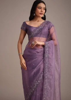 Purple Soft Organza Saree With Cutdana Sequins Embroidery
