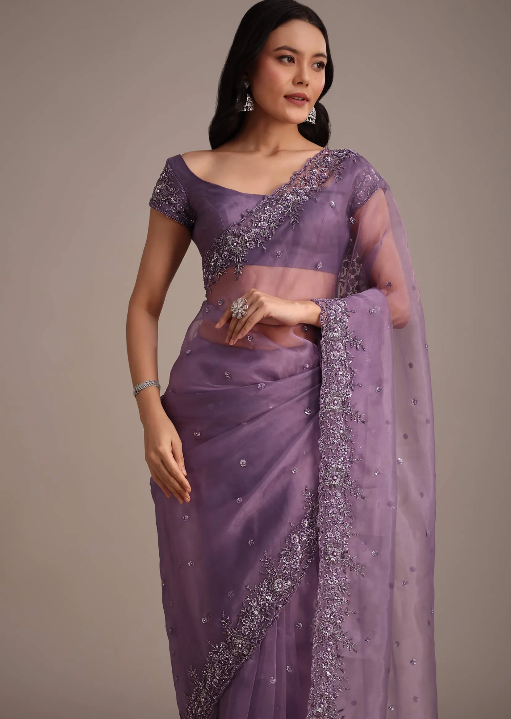 Purple Soft Organza Saree With Cutdana Sequins Embroidery
