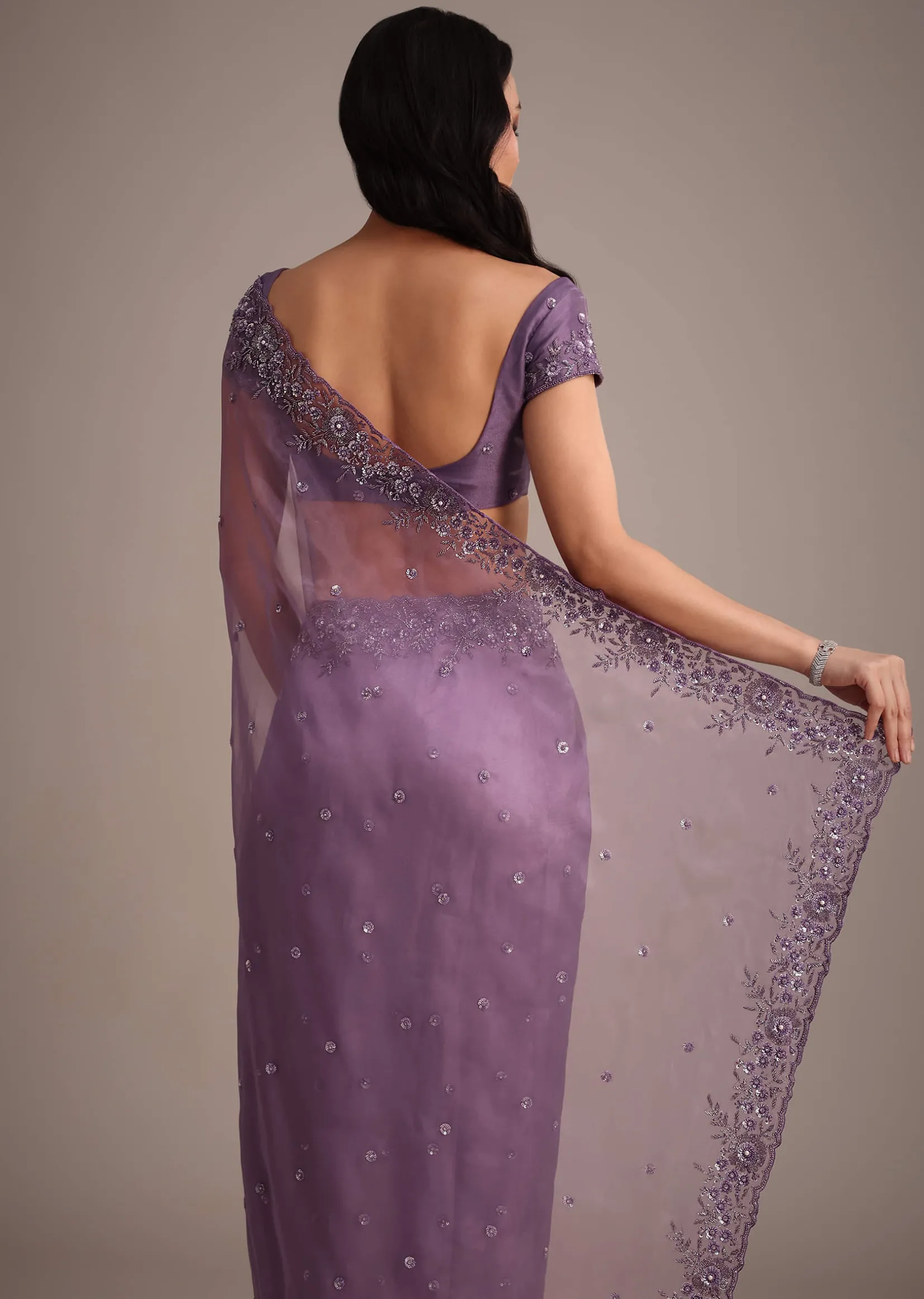 Purple Soft Organza Saree With Cutdana Sequins Embroidery