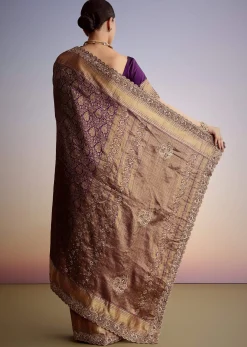 Purple Tissue Embellished Saree With Floral Embroidery