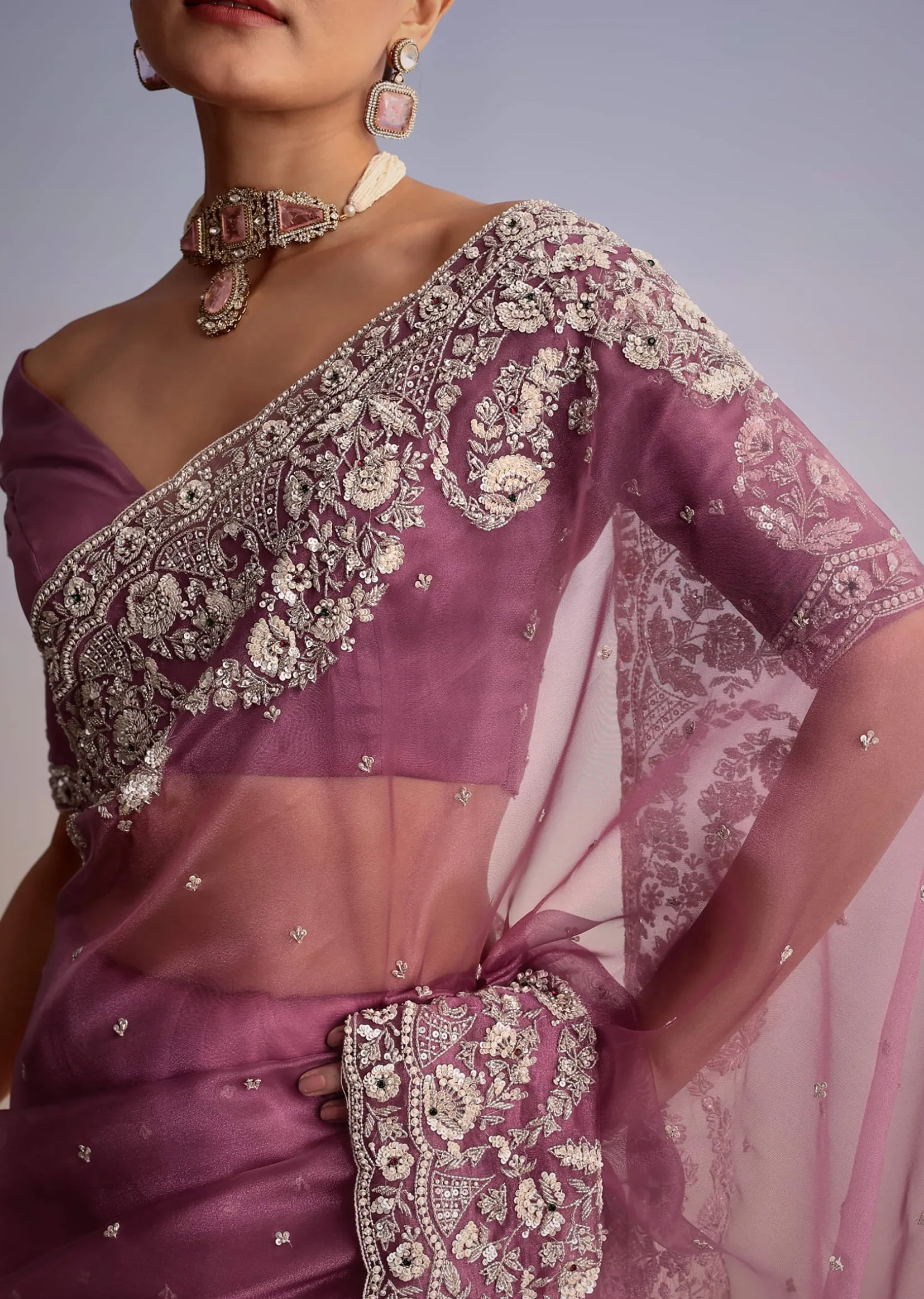 Purple Tissue Embellished Saree With Floral Embroidery All Over