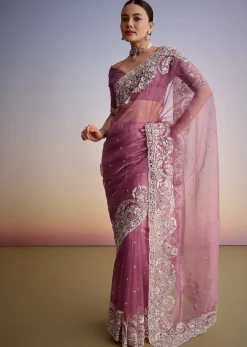 Purple Tissue Embellished Saree With Floral Embroidery All Over