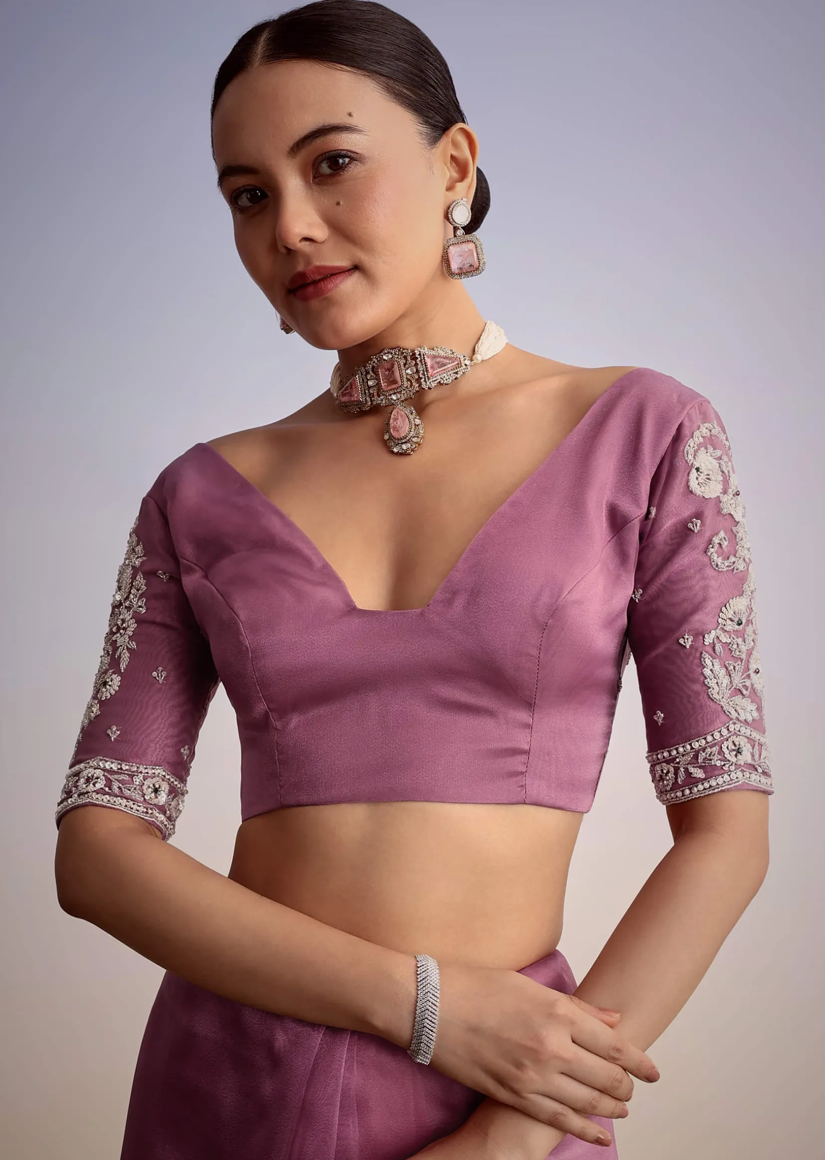 Purple Tissue Embellished Saree With Floral Embroidery All Over