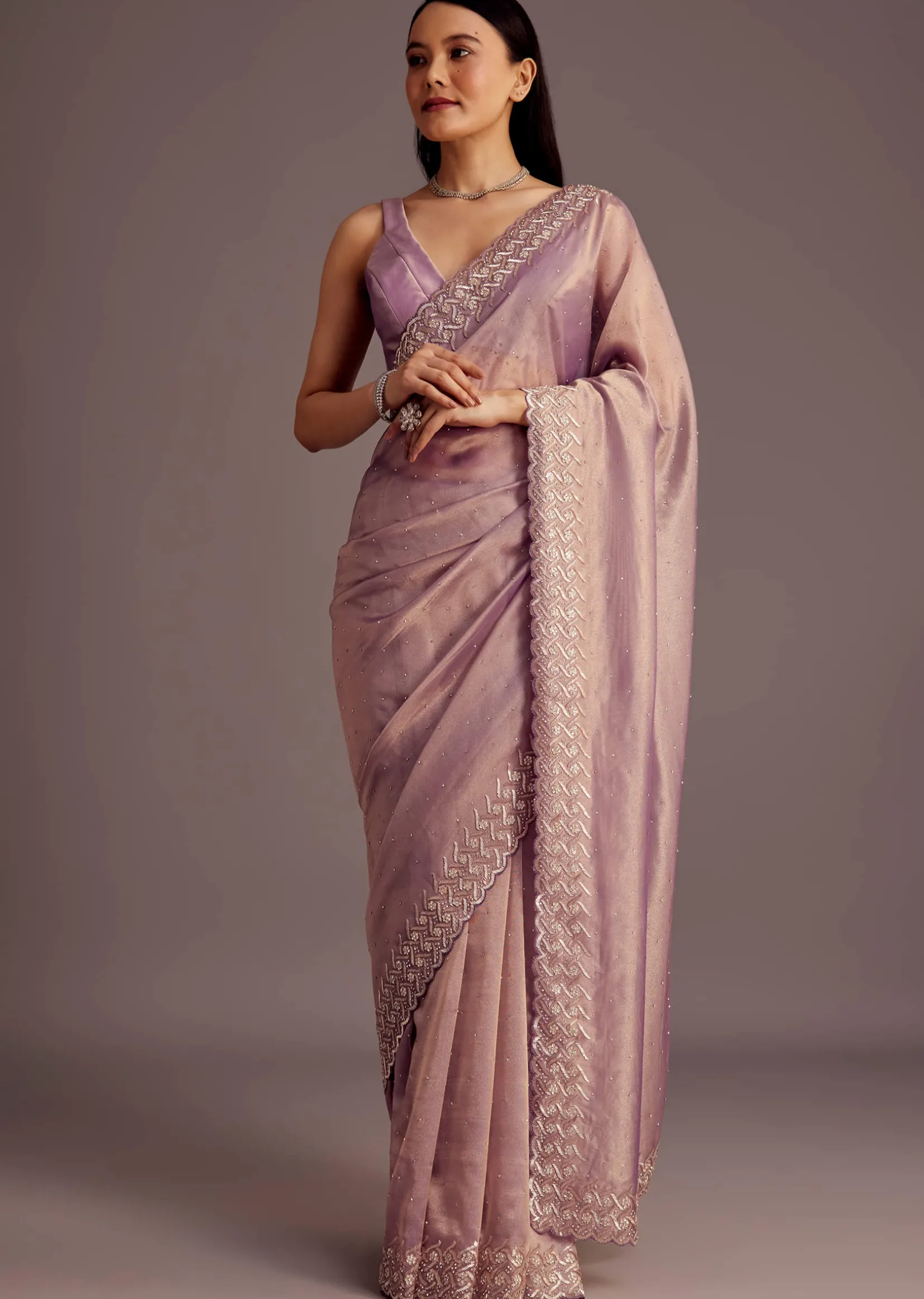 Purple Tissue Saree With Cutdana And Stone Embroidery