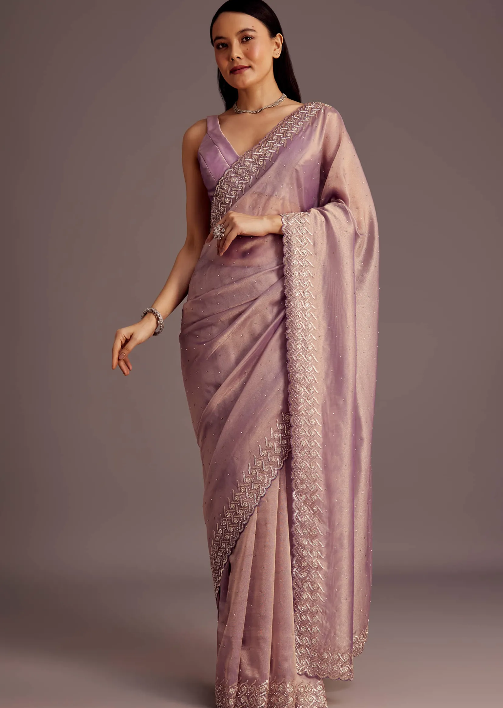 Purple Tissue Saree With Cutdana And Stone Embroidery