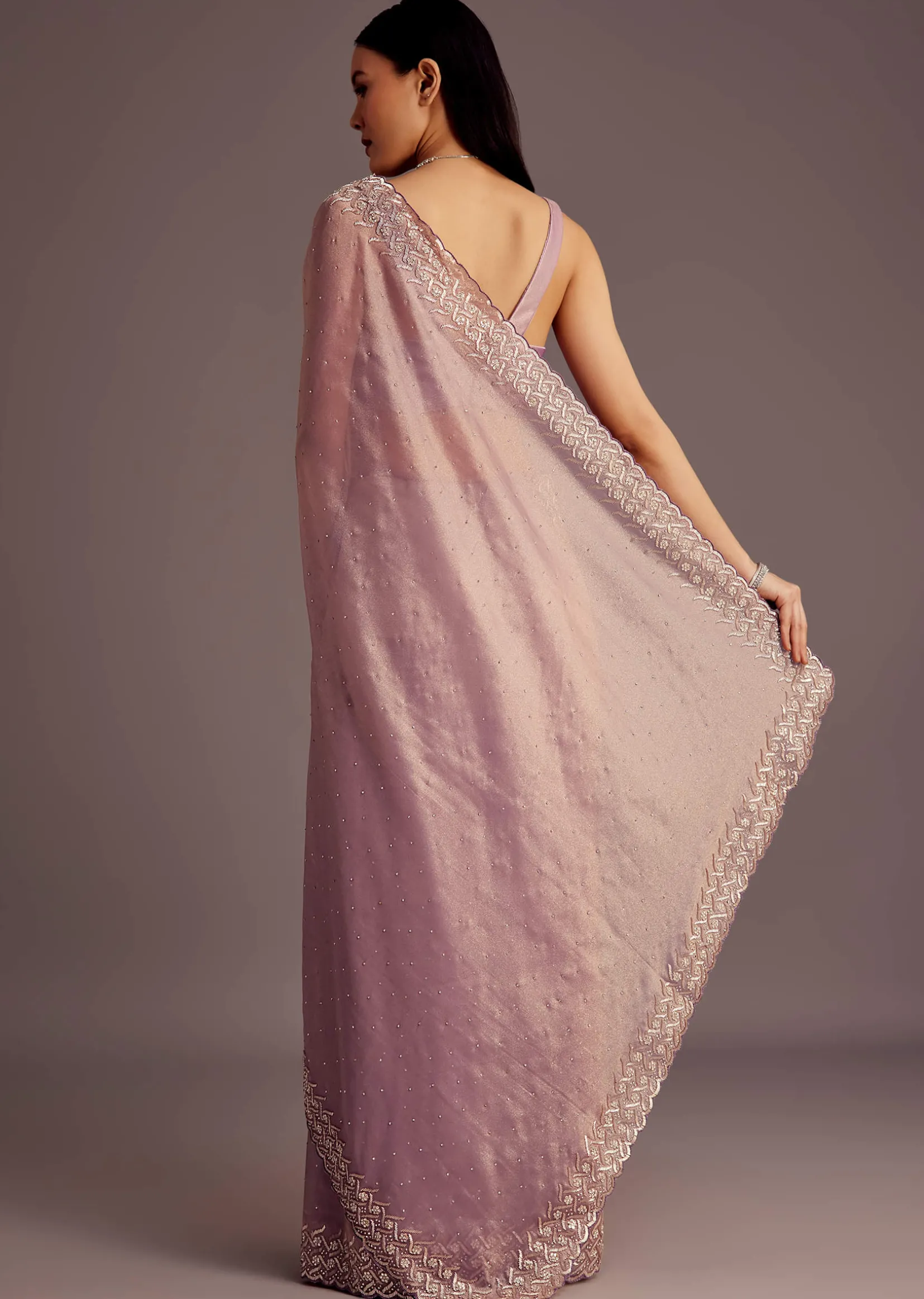 Purple Tissue Saree With Cutdana And Stone Embroidery