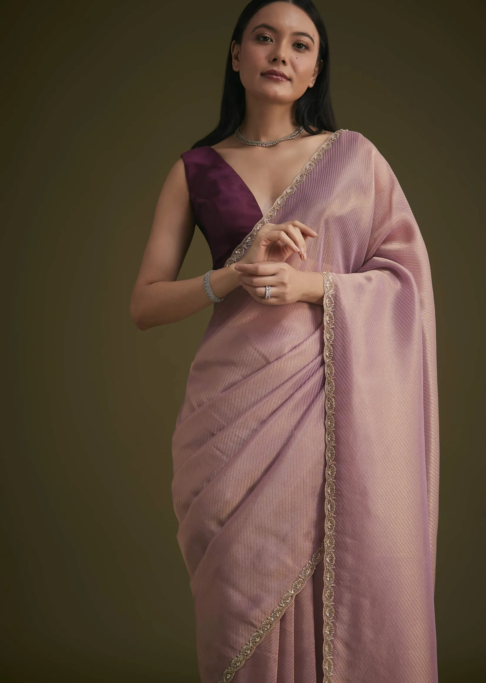 Purple Tissue Sequins Saree With Contrast Blouse