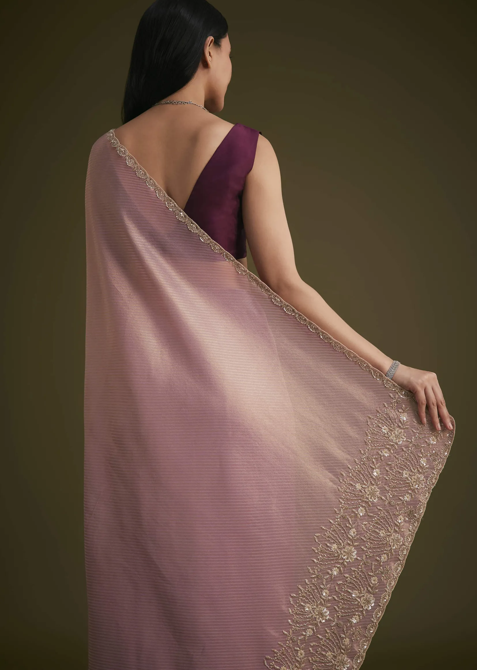 Purple Tissue Sequins Saree With Contrast Blouse