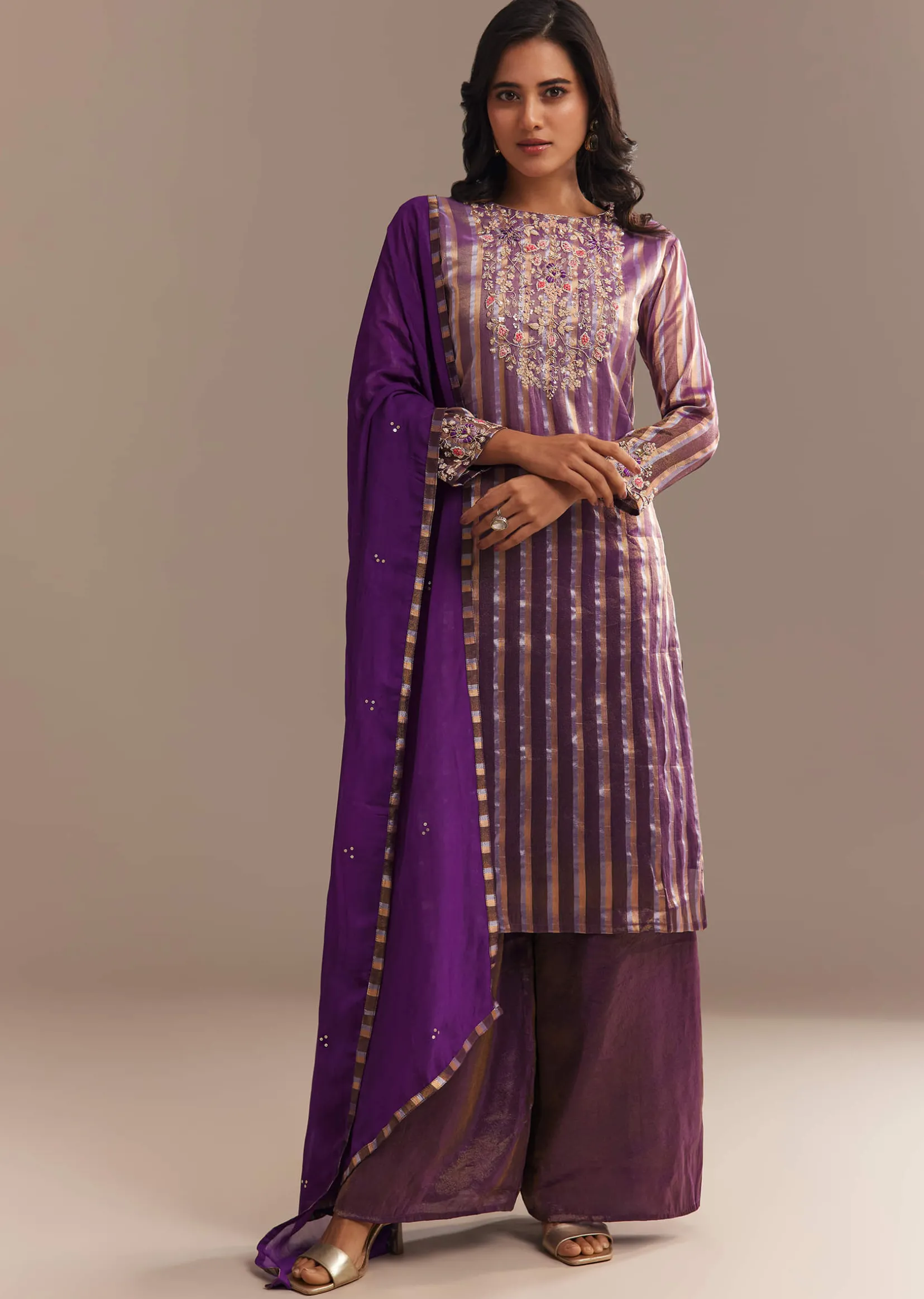 Purple Tissue Zardosi Embroidered Palazzo Set