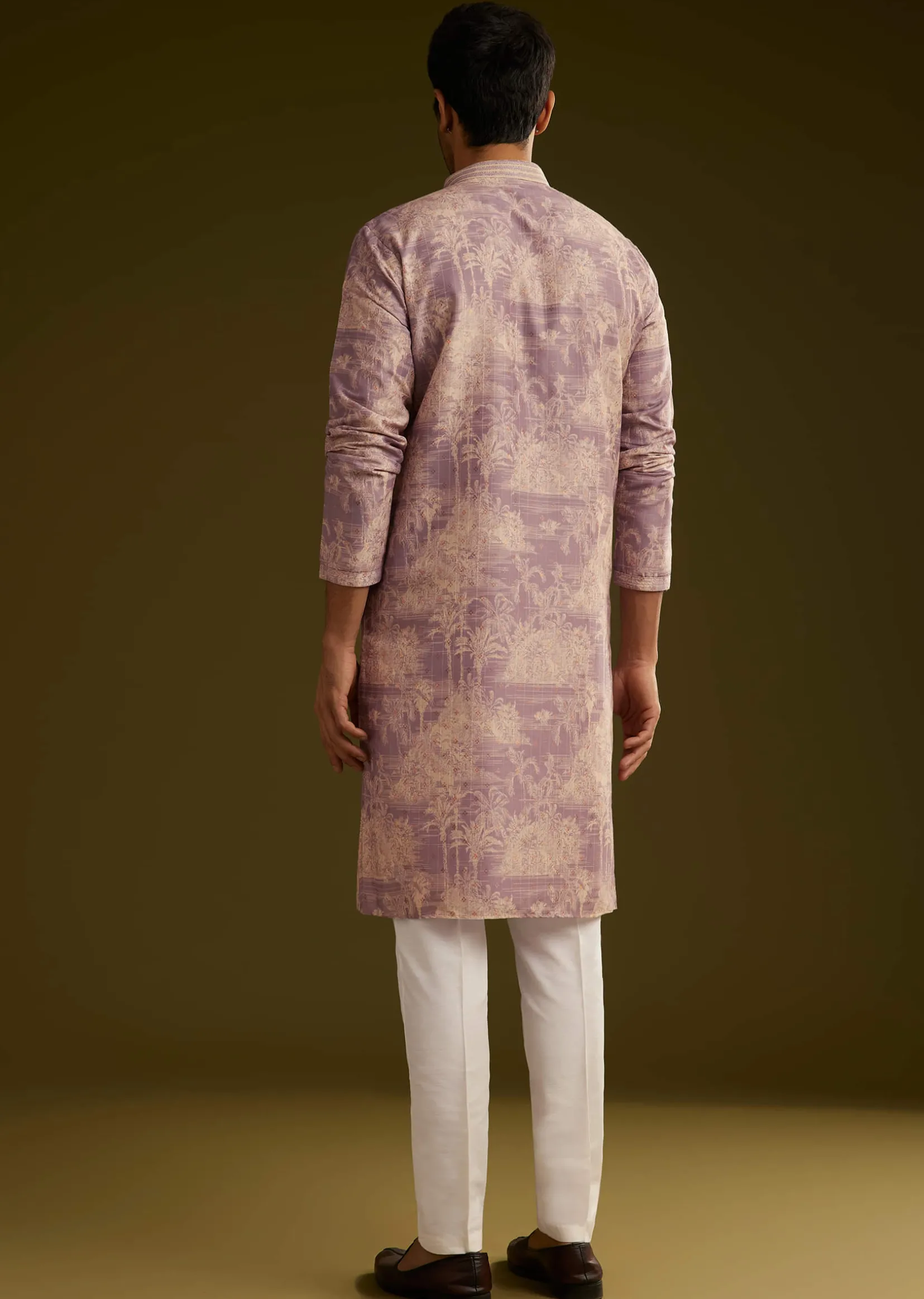 Purple Tree Motif Printed Silk Kurta Set