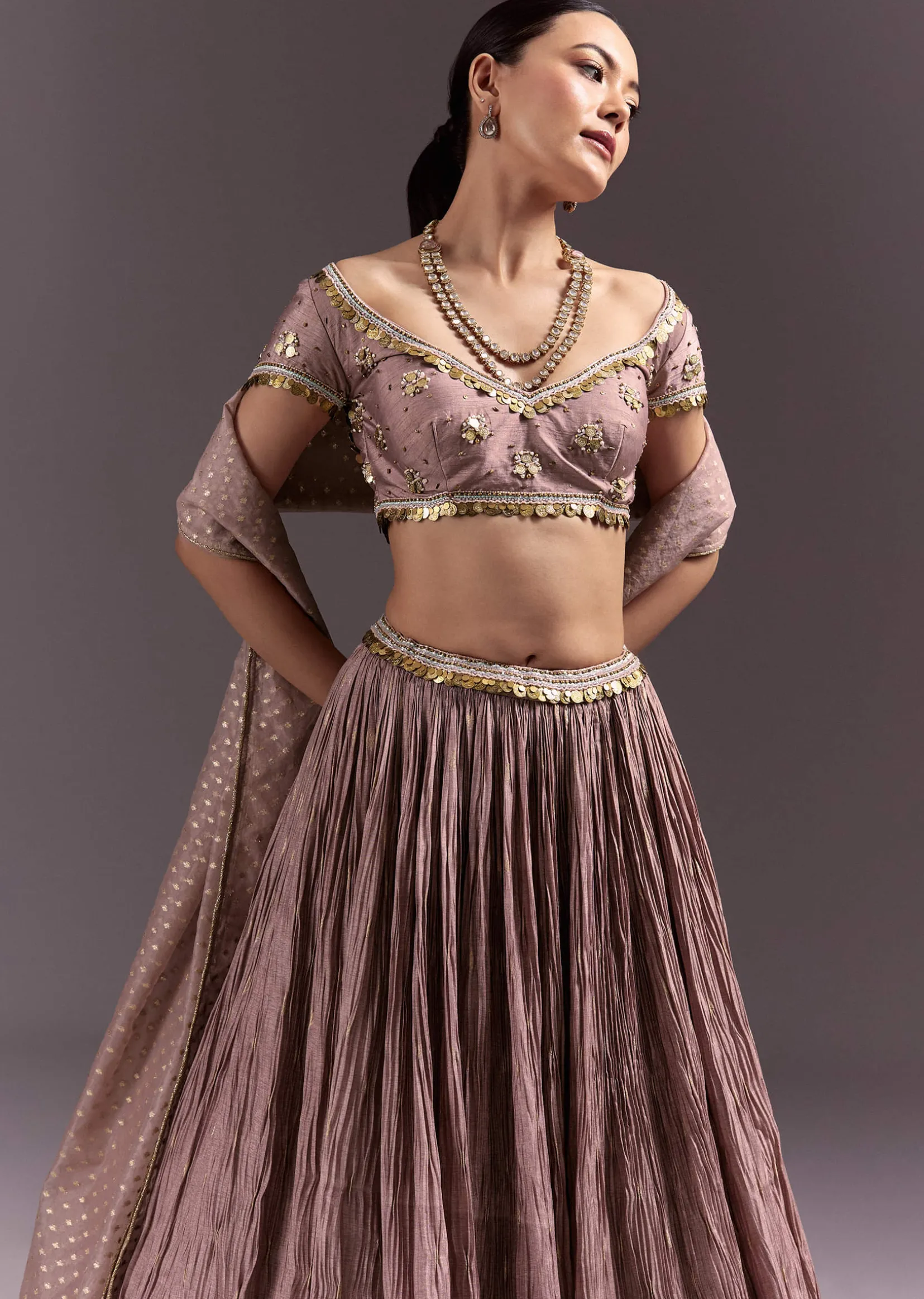 Purple Tussar Lehenga Set With Copper Coin Metal Embroidery