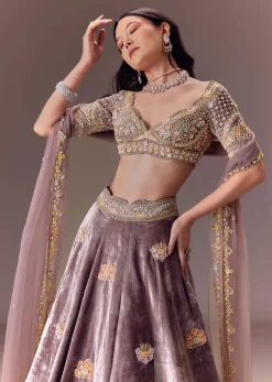 Purple Velvet Lehenga Set With Hand Work Patching