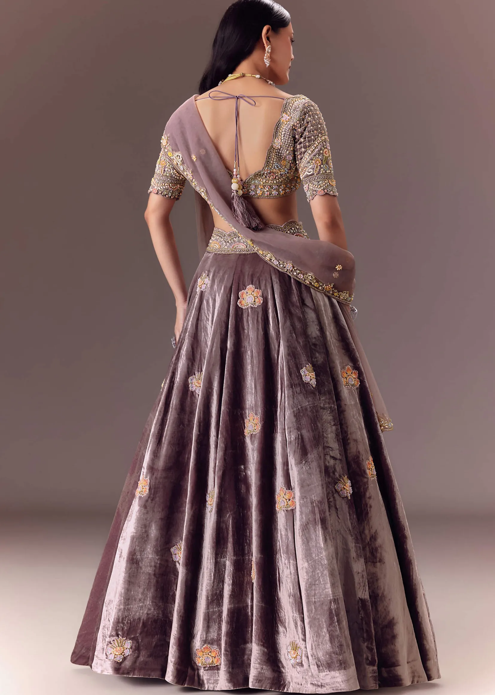 Purple Velvet Lehenga Set With Hand Work Patching