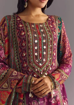 Purple Wine Floral Chinon Kurta Set With Gotta Lace Dupatta