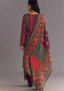 Purple Wine Floral Chinon Kurta Set With Gotta Lace Dupatta